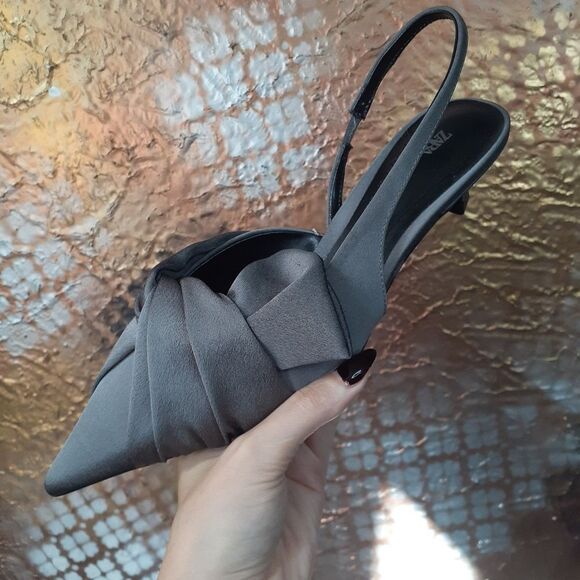 Zara Nwot Gray Satin Slingback Kitten Heels - Picture 3 of 15